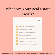 a pink background with the words what are your real estate goals? and an image of a