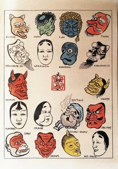 an old poster with many different masks on it