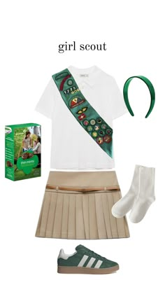 a girl scout outfit is shown with shoes, socks and headband