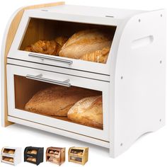 the bread dispenser is made from wood and has three different types of bread in it