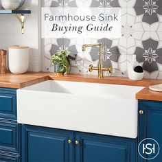 a kitchen sink with blue cabinets and white tiles on the wall behind it is a potted plant