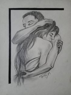 a pencil drawing of a man hugging a woman's head with her arm around him