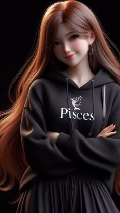 a doll with long red hair wearing a black hoodie and posing for the camera