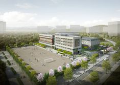 an artist's rendering of a large building with a basketball court in the foreground