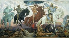 an image of a painting with horses and men on it's sides, all in different colors