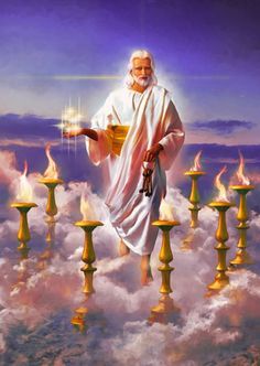 an image of jesus in the clouds with many candles around him and holding a book