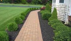 a brick walkway leading to a house in the middle of a yard with bushes and shrubs