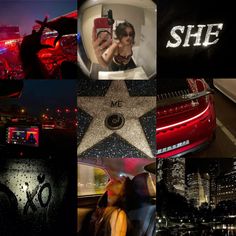 the collage shows people taking pictures in their cell phones, and photos of cars with stars on them