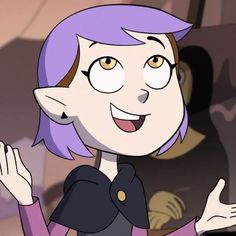 a cartoon girl with purple hair and yellow eyes is holding her hands out to the side