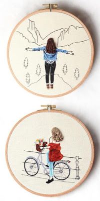 two cross stitch hoop paintings depicting a girl on a bicycle