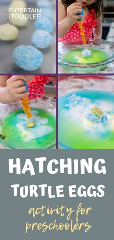 a collage of photos showing how to make hatching turtle eggs for preschoolers