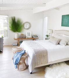 a bedroom with white walls and flooring has a palm tree in the corner on the bed