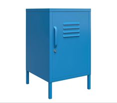 a blue metal cabinet with the door open