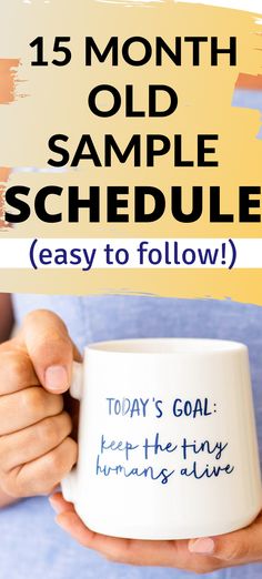 a person holding a coffee mug with the words 15 month old sample schedule easy to follow