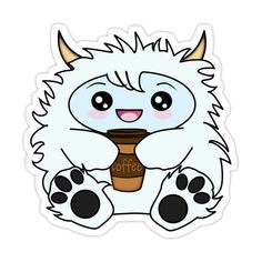 a sticker with an image of a furry white monster holding a coffee cup in it's paws