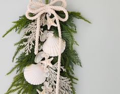 a bunch of seashells are hanging on a christmas tree ornament with pine needles