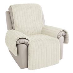 a recliner chair with a blanket on it's back and armrests