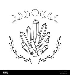 a line drawing of crystals surrounded by leaves and moon phases in the background - stock image