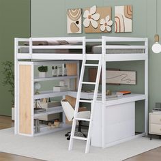 a white loft bed with desk underneath it