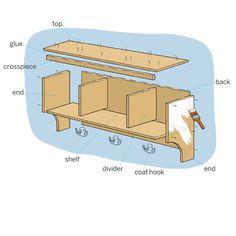 the parts of a bookcase are shown in this diagram, including shelves and drawers