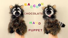 two stuffed raccoons holding hands with the words raccoon chocolate hand puppet