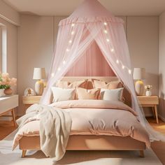 a bedroom with a pink canopy bed and white curtains on the headboard, along with two nightstands