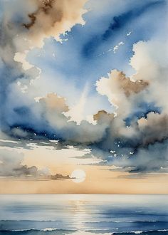 watercolor painting of clouds over the ocean with sun setting in the distance behind it