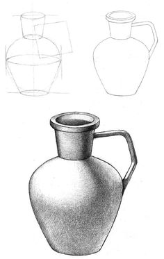 a drawing of three vases on a white background