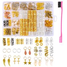 PRICES MAY VARY. Package includes 254 pieces of Mix Styles Braid Hair Jewelry with a clear Storage Box, 90x Gold and Silver Hair Rings,108x Gold and Silver Dreadlocks Cuffs, 10x Gold and Silver Hair Coil, 10x Gold and Silver Spiral Viking Hair Beads, 6x Hair Tube Beads, 30x DIY Hair Braid Ring Pendants Decorations (5x palm, 5x Shell, 5x Conch, 5x Wing, 5x Cross, 5x Star) and give an edge brush4 hollow out gold rings, and give an edge brush Made of aluminum, soft and flexible material, can be adj Loc Hair Jewelry, Hair Braid Rings, Braided Half Updo, Braided Dreadlocks, Beads Rings, Braid Trends, Women Braids, Hair Charms, Dreadlock Accessories