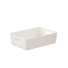 a white rectangular container with handles on the front and bottom, sitting against a white background