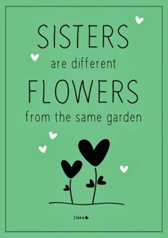 the quote for sisters are different flowers from the same garden, with hearts flying in the air