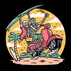 a skeleton riding a scooter with a surfboard in his hand and holding a palm tree