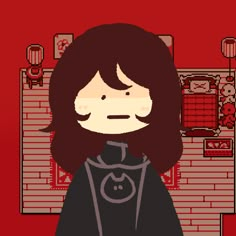 a pixel art image of a woman with dark hair and black clothes, standing in front of a red background