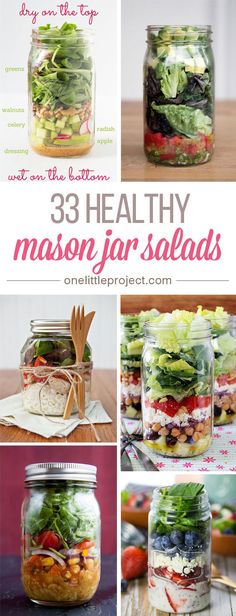 mason jar salads with text overlay that says 33 healthy mason jars