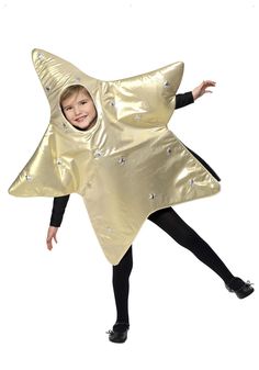 a little boy dressed in a gold star costume