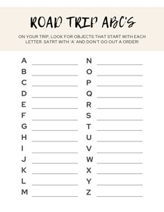 the road trip abc's printable worksheet is shown in black and white