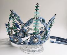 Handmade denim Crown combined with natural sea glass. Size can be adjustable at the back of the crown. Glass Crown, Handmade Crown, Crown Handmade, Mermaid Crown, Latvia, Wedding Hair Accessories, The Crown, Wire Jewelry, Sea Glass