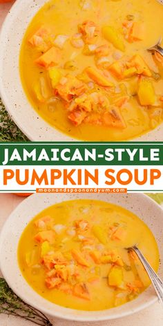 Enjoy the hearty, delicious flavors of Jamaican pumpkin soup right in the comfort of your own home! This dish is the perfect medley of spices, coconut milk, and vegetables, with just enough heat to awaken the senses. Each bowl offers warmth with a bit of tropical flair — a full-blown island-style comfort food! Jamaican Pumpkin Soup, Jamaican Pumpkin Soup Recipe, Thai Pumpkin Soup, Soup With Chicken, Coconut Milk Soup