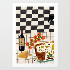 a piece of pizza and a bottle of wine on a checkered tile tablecloth