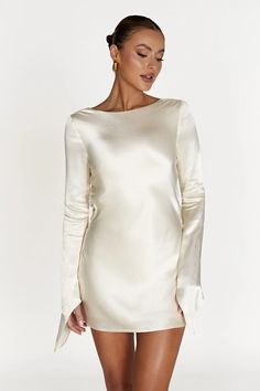 Davina Satin Long Sleeve Mini Dress - Ivory - MESHKI U.S White Grad Dresses Long, Satin Long Sleeve, Engagement Dresses, Satin Mini Dress, Crepe Dress, Long Sleeve Mini, Summer Maxi Dress, In Bloom, Long Sleeve Mini Dress