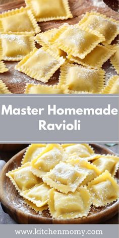 homemade ravioli with cheese and parmesan sauce in the middle on a wooden platter