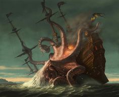 an octopus attacking a ship in the ocean