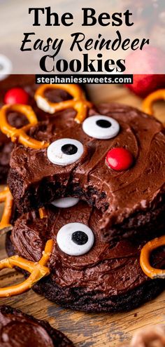 chocolate cake with googly eyes and pretzels on top