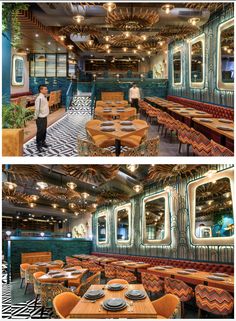 two pictures of the inside of a restaurant with wooden tables and orange chairs, one is empty