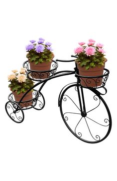 an old fashioned bicycle with flower pots on it's front wheelbarrows