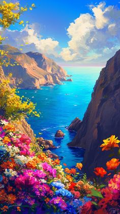 an oil painting of flowers by the ocean and cliffs with clouds in the sky above