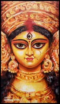 an oil painting of a woman's face in gold and red colors with the words,