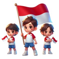 three children holding a flag and standing next to each other