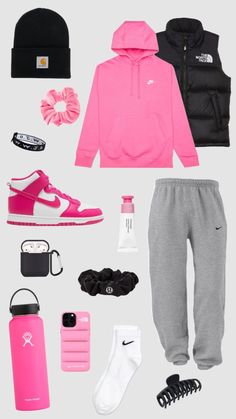 #outfitinspo #pink ￼￼#aesthetic #fashion #lulu #lululemon #nike #pinknike #carhartt #glossier #hydroflask #thenorthface #airpods #iphone Lululemon Pink Outfit, Basic Highschool Outfits, Pink Nike Hoodie Outfit, Exam Week Outfits, Cute Preppy Outfits Aesthetic, Pink Nikes Outfit, Nike Fits Outfits, Preppy Outfits For Winter, Nike Outfits Aesthetic