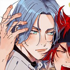 two anime characters one with blue hair and the other with red hair holding his hand up to his face